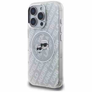 Karl Lagerfeld IML Glitter Karl & Choupette Heads Logo MagSafe dėklas iPhone 16 Pro - pilkas
