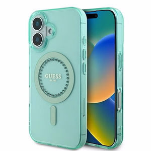 Guess IML Rhinestones Magnetinis dėklas telefonui iPhone 16 Plus - žalias