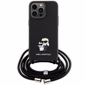 Karl Lagerfeld kryžminis Saffiano metalinis ženkliukas Karl & Choupette dėklas telefonui iPhone 15 Pro Max - juodas