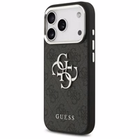 GUESS dėklas telefonui IPHONE 17 GUHCP17SP4G4SMCK (4G PU odos dėklas su dideliu 4G ir klasikiniu logotipu bei sidabriniu metaliniu kameros rėmeliu) juodas