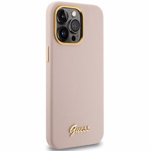 Guess silikoninis dėklas telefonui su metaliniu logotipu ir rėmeliu iPhone 15 Pro Max - rožinis