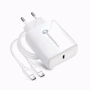 Įkroviklis Forcell + "USB-C (Type-C) to USB-C (Type-C)" (1xUSB-C 3A 25W) baltas