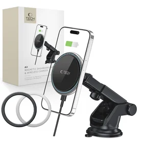 Tech-Protect A2 automobilinis laikiklis telefonui su MagSafe 15W indukciniu įkrovikliu prietaisų skydeliui - juodas