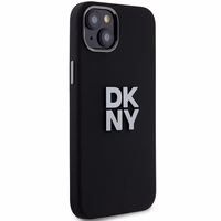 DKNY skystojo silikono metalinio logotipo dėklas telefonui iPhone 15 Plus / 14 Plus - juodas