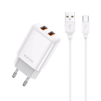 JELLICO tinklinis įkroviklis EU02 2.4A 12W 2xUSB + laidas USB-C Baltas