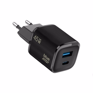 Blue Star Nano GaN VT-334 telefono įkroviklis, USB-C + USB-A, QC4.0, PD, 3 A, 45 W, juodas