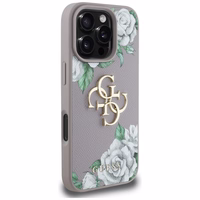 Guess Grained Roses Big 4G Logo dėklas telefonui iPhone 16 Pro Max - violetinis
