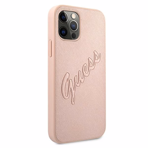 Guess GUHCP12LRSAVSRG iPhone 12 Pro Max 6.7 rožinis kietasis dėklas Saffiano Vintage Script