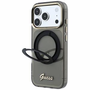 Guess IML Ring Stand 360 Script Metal Logo MagSafe dėklas, skirtas iPhone 17 Pro / 18 Pro – juodas