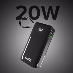 Išorinė baterija SBS 10000 mAh 20W su įmontuotu USB-C kabeliu ir skaitmenine indikacija - juoda