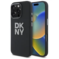 DKNY skystos silikoninės medžiagos dėklas telefonui su metaliniu logotipu iPhone 16 Pro Max - juodas