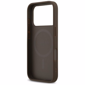 Guess Leather 4G Triangle Strass MagSafe dėklas iPhone 18 Pro / 17 Pro – rudas