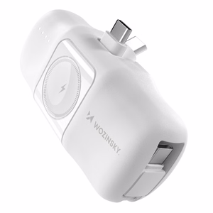 Wozinsky WF16-YCS 5000mAh 15W USB-C mini išorinė baterija su įmontuotu USB-C kabeliu ir Apple Watch įkrovikliu - balta