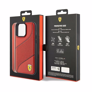 Ferrari Perforuotos bangos metalinis logotipas dėklas telefonui iPhone 15 Pro - raudonas