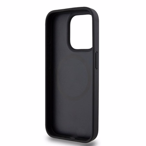 DKNY Odinis monogramos rašto metalinis logotipas Magnetinis dėklas iPhone 15 Pro - juoda