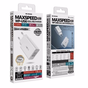 Įkroviklis WK Design WP-U56 baltas (prievadai: 2xUSB) + Type-C 100cm laidas