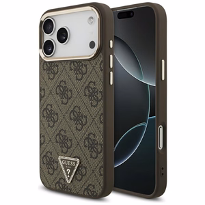 Guess PU Leather 4G Strass Triangle Logo Gold Frame MagSafe dėklas Apple iPhone 18 Pro Max, rudas