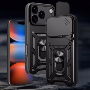 Hibridinis šarvuotas Camshield dėklas iPhone 17 Pro Max su stovu ir kameros dangteliu - juodas