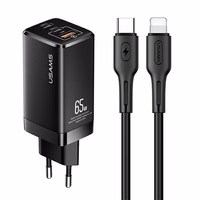 USAMS Tinklo įkroviklis MT 2xUSB-C+USB GaN 65W T33 PD + Laidas USB-C-Lightning 30W Fast Charging juodas MTXLOGTL01