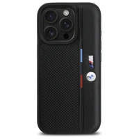 BMW M perforuota trispalvė linija iPhone 16 Pro Max dėklas - juodas