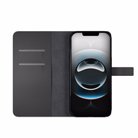 Puro ekologiškos odos dėklas iPhone 16E su horizontaliu atvartu, 2 kortelių lizdais ir banknotų kišene, juodas