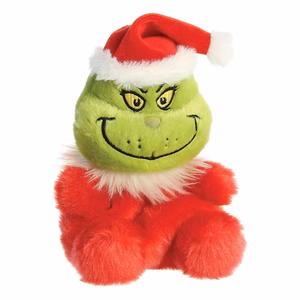 Grinch Palm Pals ekologiškas sėdintis pliušinis žaislas su Kalėdų Senelio kostiumu, 13 cm