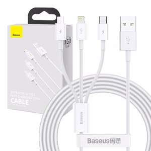 USB Kabelis Baseus "3in1 Superior" baltas 150cm (iki 3.5A)