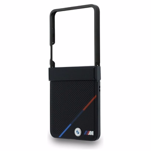 BMW M Leather Perforated Tricolor Stripe Metal Logos MagSafe case for Samsung Galaxy Z Flip8, black