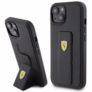 Ferrari Grip Stand Metal Logo dėklas iPhone 15 – juodas