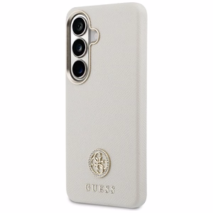 Guess dėklas Rhinestone Round Logo MagSafe skirtas Samsung Galaxy S26 smėlio spalvos