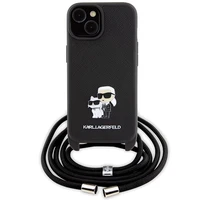 Karl Lagerfeld kryžminis Saffiano metalinis ženkliukas Karl & Choupette dėklas telefonui iPhone 15 Plus - juodas