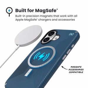 Speck Presidio2 Grip MagSafe dėklas, skirtas iPhone 17, „Deep Sea / Silver Metallic“ spalvos