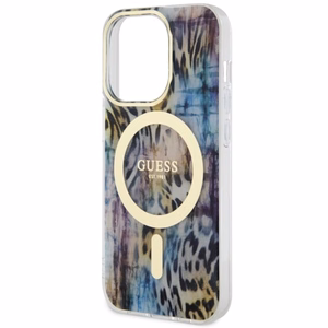 Guess GUHMP14XHLEOPWB iPhone 14 Pro Max 6.7" mėlynas kietas dėklas Leopard Magnetinis