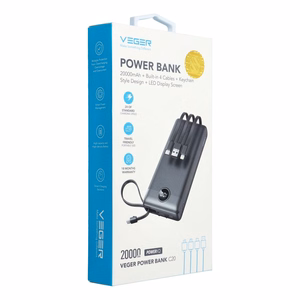 VEGER Išorinė baterija 20000 mAh su įmontuotu kabeliu Micro USB / Type C / Lightning C20 (W2047 / W2059) juoda
