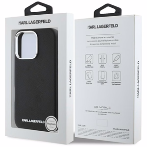 Karl Lagerfeld Saffiano pilnai aptrauktas pailgo metalinio logotipo magnetinis dėklas telefonui iPhone 16 Pro - juodas
