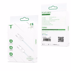 T-PHOX LAIDAS CC15 SERIJOS USB-C/USB-C 60W 3A 2M BALTAS