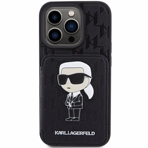 Karl Lagerfeld Saffiano kortelių lizdai ir stovas monograma Ikonik pleistras dėklas iPhone 15 Pro - juoda