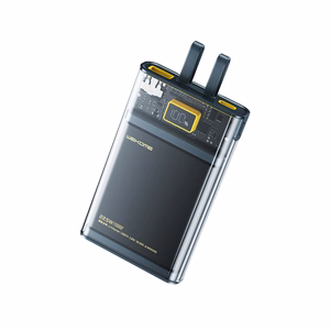 WEKOME WP-323 Vanguard Series išorinė baterija, 10000 mAh, PD 20 W + QC 22,5 W, su integruotais USB-C ir Lightning laidais, juoda ir skaidri