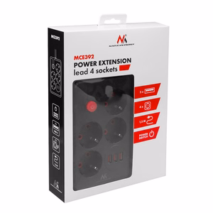 Maclean power strip, 4-socket extension cable + 3xUSB, 110-240V AC 50/60Hz, 2.1A max 2500W, 1.5m, black, MCE392 B