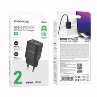 Borofone Sieninis įkroviklis BN14 Royal GaN - USB + Type C - QC 3.0 PD 30W juodas