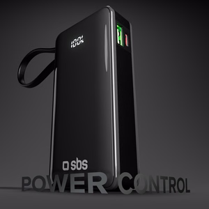 Išorinė baterija SBS 10000 mAh 20W su įmontuotu USB-C kabeliu ir skaitmenine indikacija - juoda