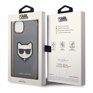 Karl Lagerfeld Saffiano Choupette Head Patch dėklas telefonui iPhone 14 Plus - sidabrinis