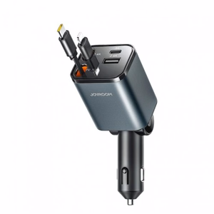 Joyroom JR-CCL05 30W 4 viename automobilinis įkroviklis su 2 įmontuotais ištraukiamais kabeliais - tamsiai pilkas