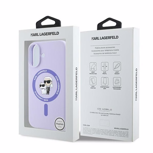 Karl Lagerfeld silikoninis Magnetinis dėklas telefonui iPhone 16 Plus su Karl & Choupette galvų žiedu - violetinė