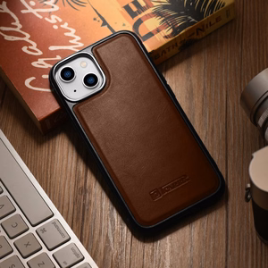 iCarer odinis Oil Wax natūralios odos dėklas telefonui iPhone 14 Plus (suderinamas su MagSafe) rudas (WMI14220719-BN)