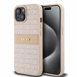 DKNY Odinis mono juosta ir metalinis logotipas dėklas telefonui iPhone 15 / 14 / 13 - rožinis