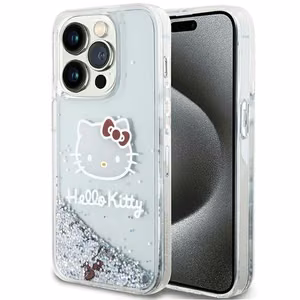 Hello Kitty Liquid Glitter Charms Kitty Head dėklas, skirtas iPhone 15 Pro, sidabro spalvos