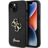 Guess Glitter Script Big 4G dėklas telefonui iPhone 15 - juodas