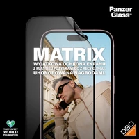 PanzerGlass Matrix Ultra-Wide-Fit hibridinis stiklas iPhone 15 su pozicionieriumi