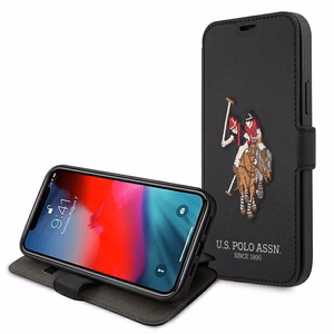 US Polo USFLBKP12SPUGFLBK iPhone 12 mini 5,4" juodas knygos tipo dėklas Polo Embroidery Collection